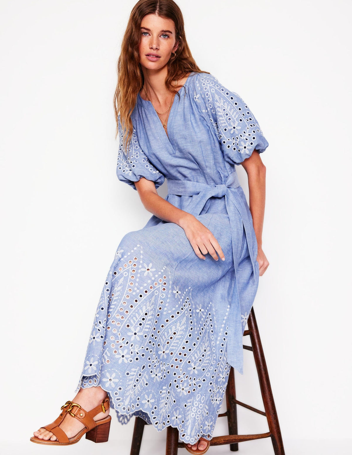 Boden Puff Sleeve Embroidered Dress - Grey Blue Chambray