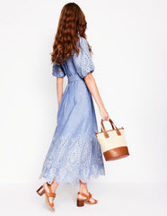 Boden Puff Sleeve Embroidered Dress - Grey Blue Chambray