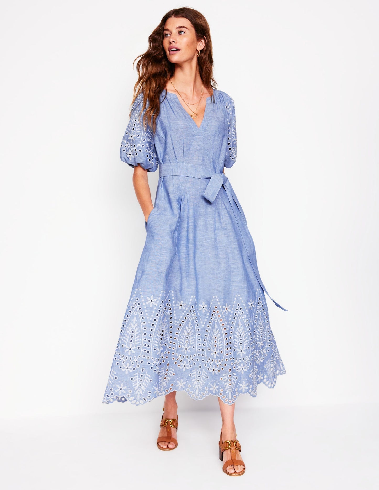 Boden Puff Sleeve Embroidered Dress - Grey Blue Chambray