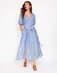 Boden Puff Sleeve Embroidered Dress - Grey Blue Chambray