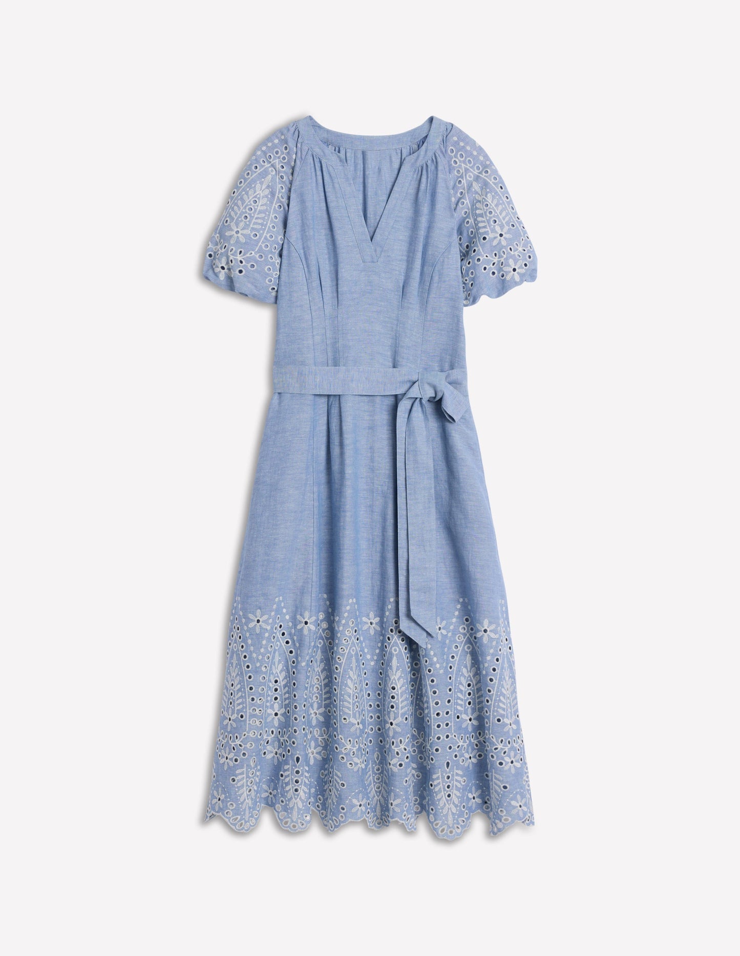 Boden Puff Sleeve Embroidered Dress - Grey Blue Chambray