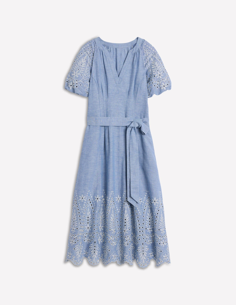 Boden Puff Sleeve Embroidered Dress - Grey Blue Chambray
