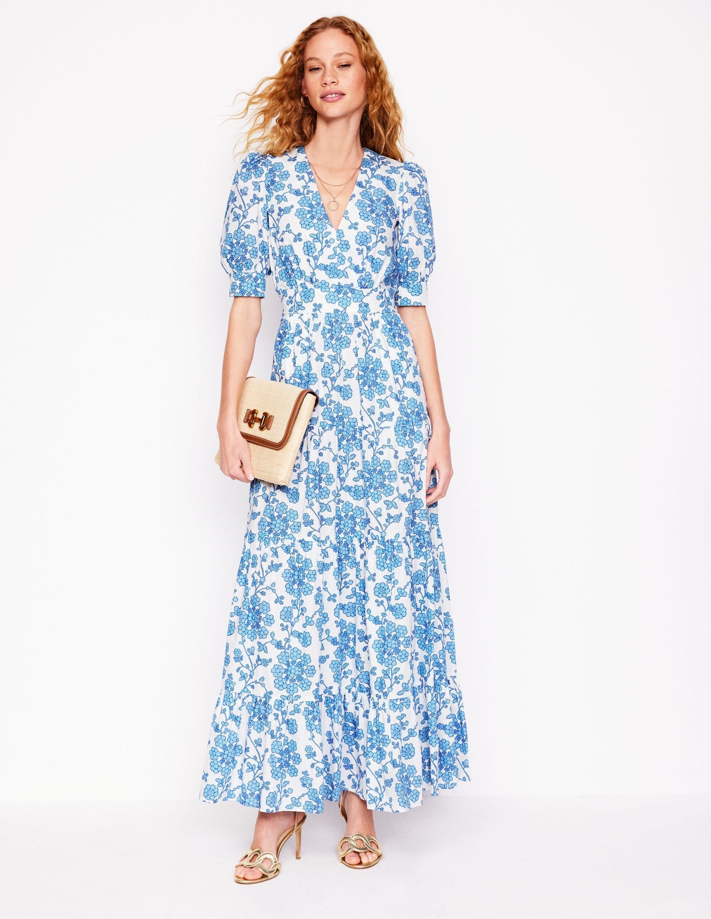 Boden Bella Puff Sleeve Maxi Dress - Ivory, Trailing Yarrow