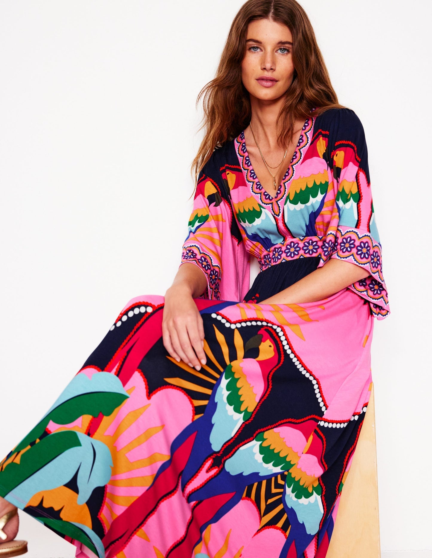 Boden Maya Kimono Jersey Maxi Dress - Multi, Paradise Parrot