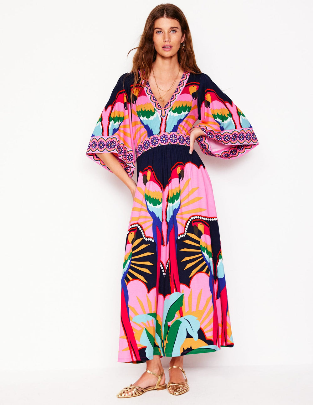 Boden Maya Kimono Jersey Maxi Dress - Multi, Paradise Parrot