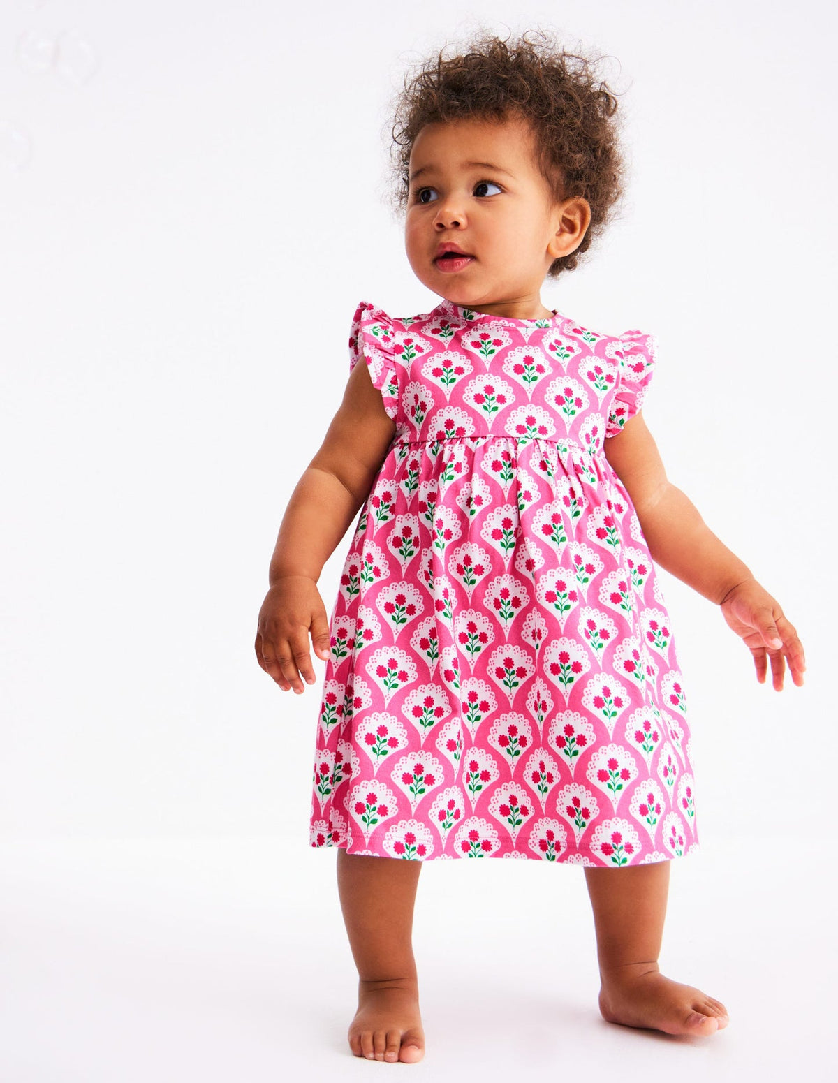 Boden Jersey Frill Sleeve Dress - Pink Rose Woodblock Floral