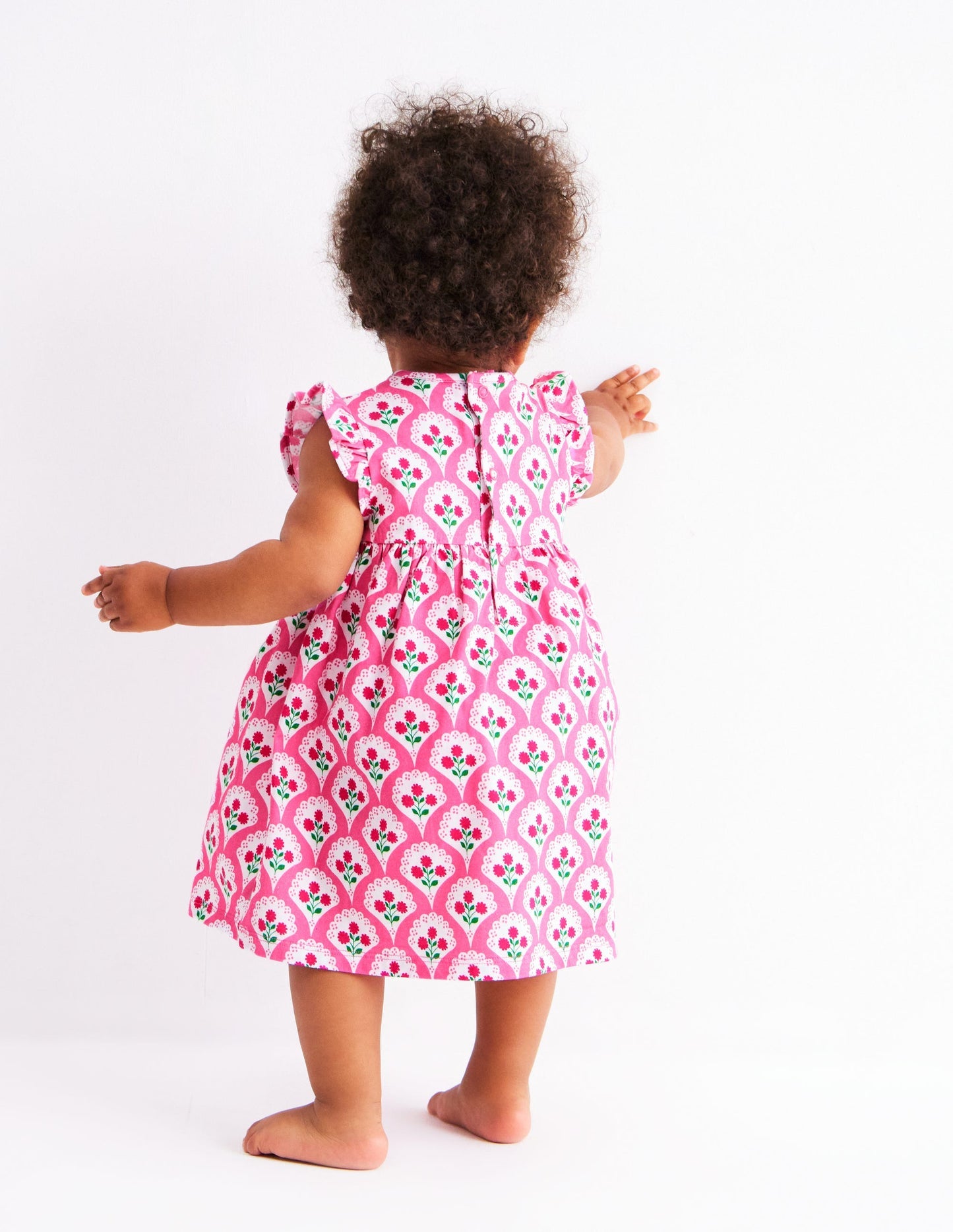 Boden Jersey Frill Sleeve Dress - Pink Rose Woodblock Floral