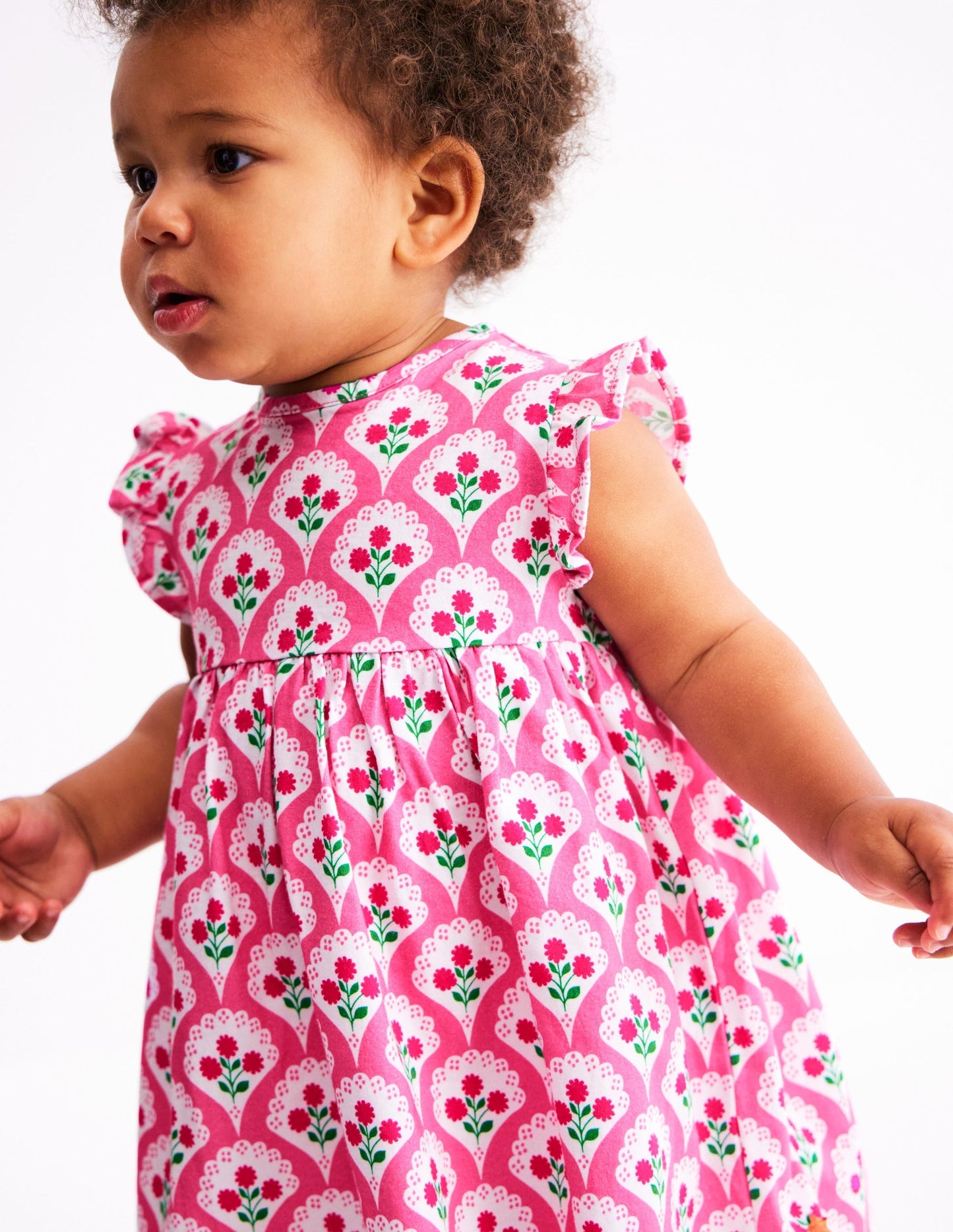 Boden Jersey Frill Sleeve Dress - Pink Rose Woodblock Floral