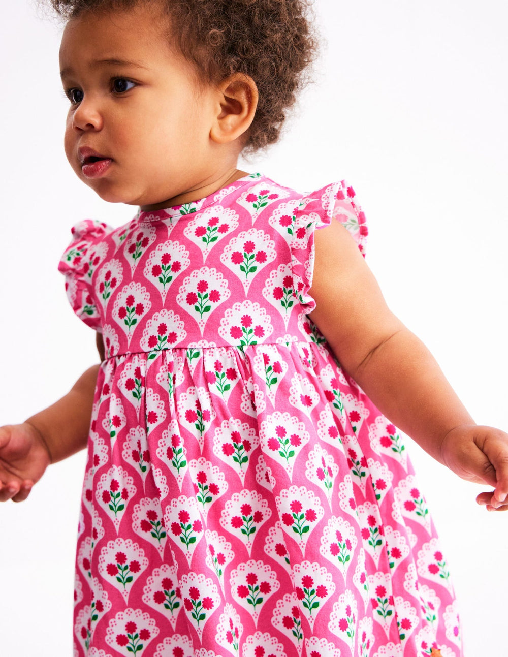Boden Jersey Frill Sleeve Dress - Pink Rose Woodblock Floral