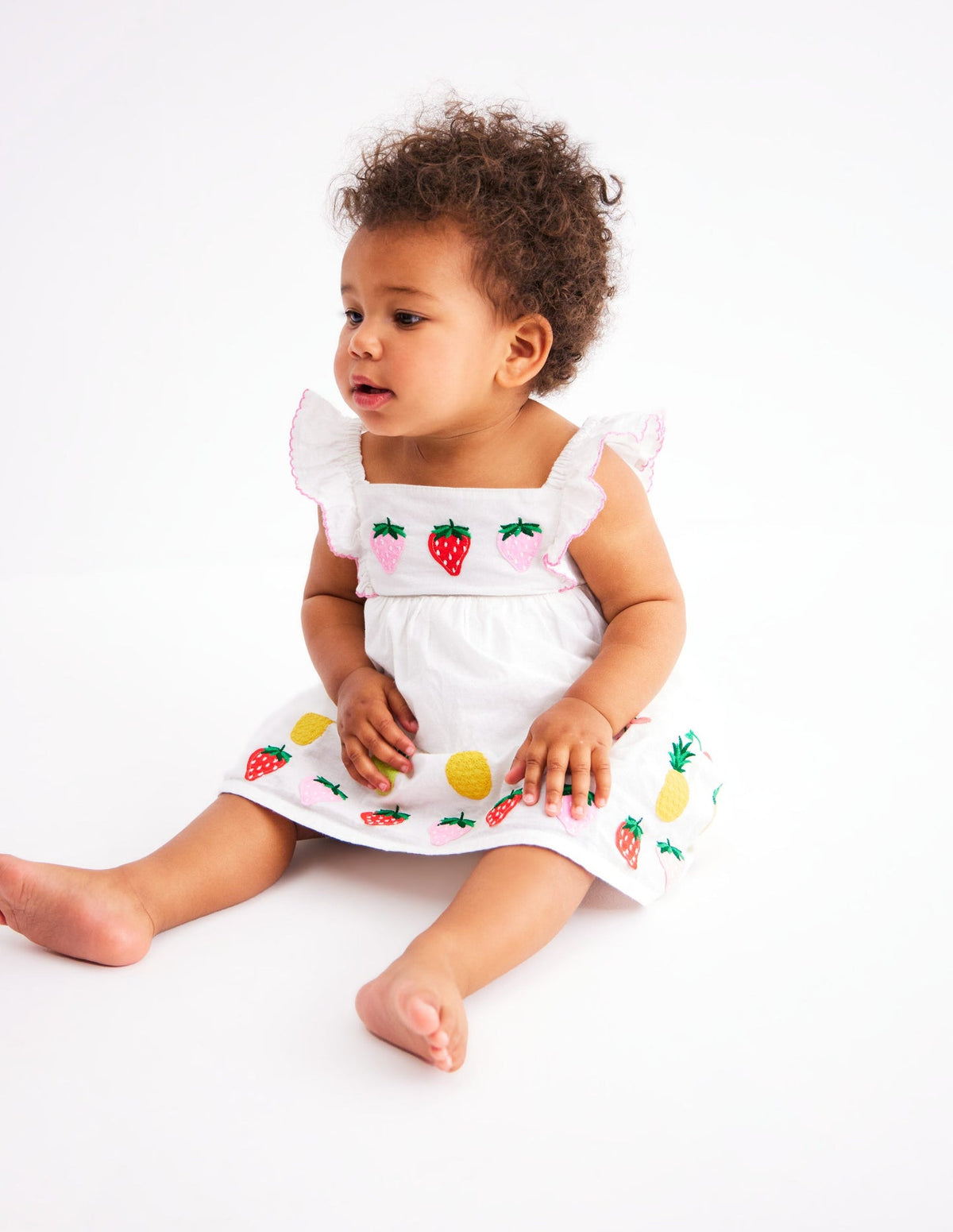 Boden Appliqué Ruffle Dress - Soft Ivory Fruit