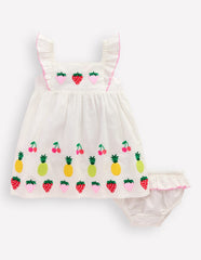 Boden Appliqué Ruffle Dress - Soft Ivory Fruit
