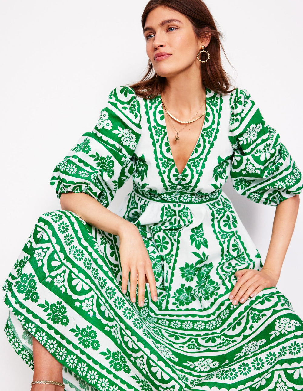 Boden Lola Blouson Maxi Dress - Rich Emerald, Ornate Tropics
