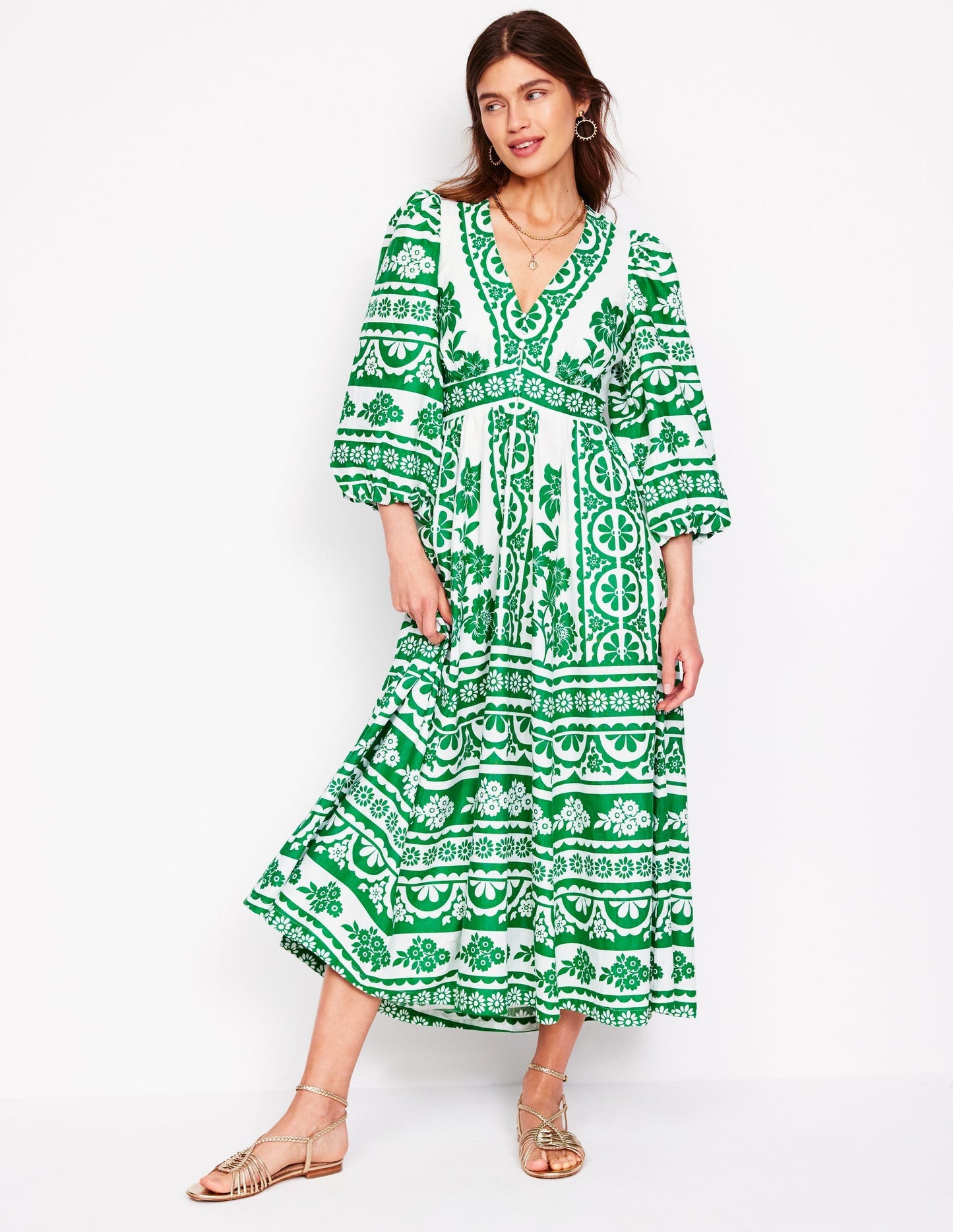 Boden Lola Blouson Maxi Dress - Rich Emerald, Ornate Tropics