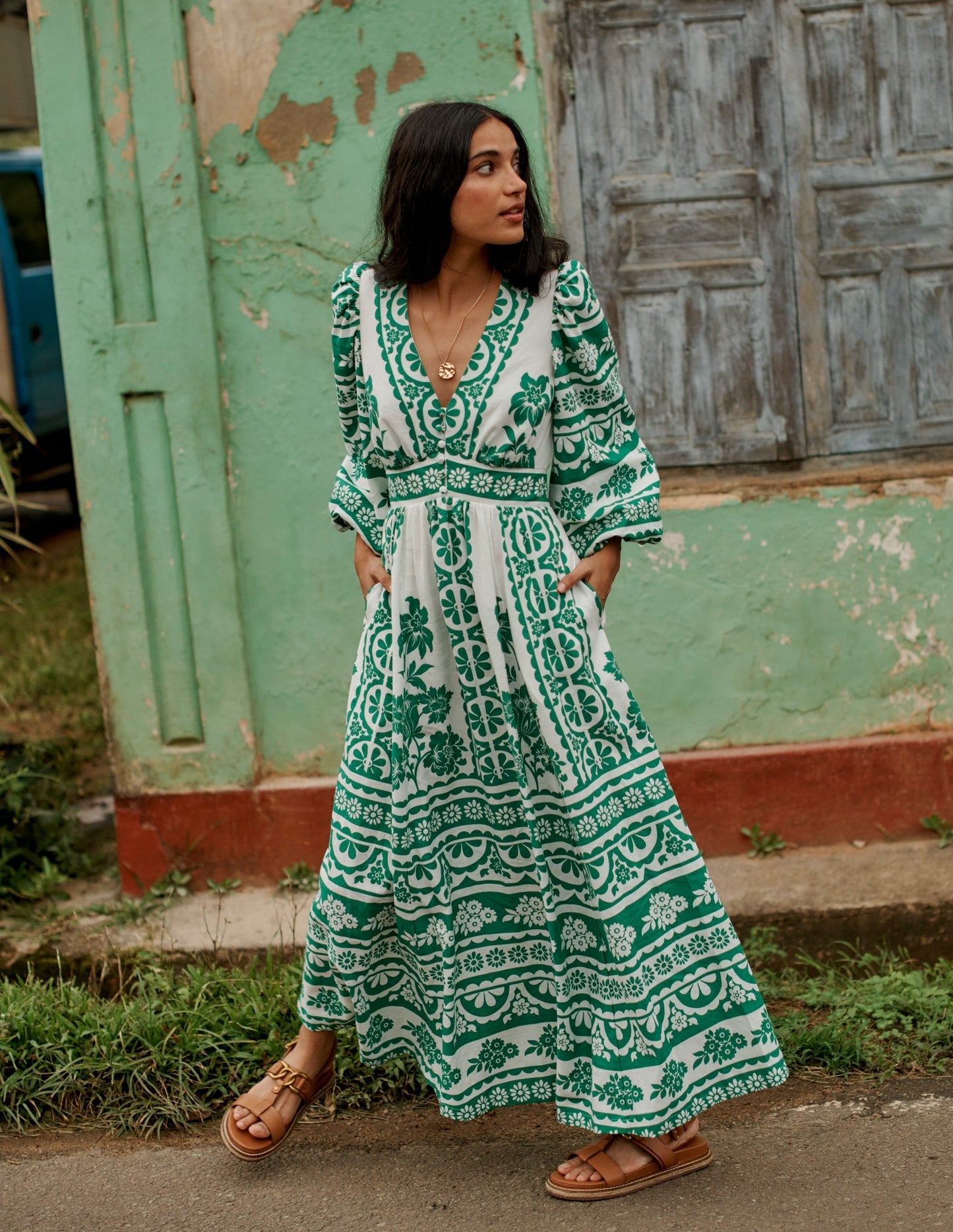 Boden Lola Blouson Maxi Dress - Rich Emerald, Ornate Tropics