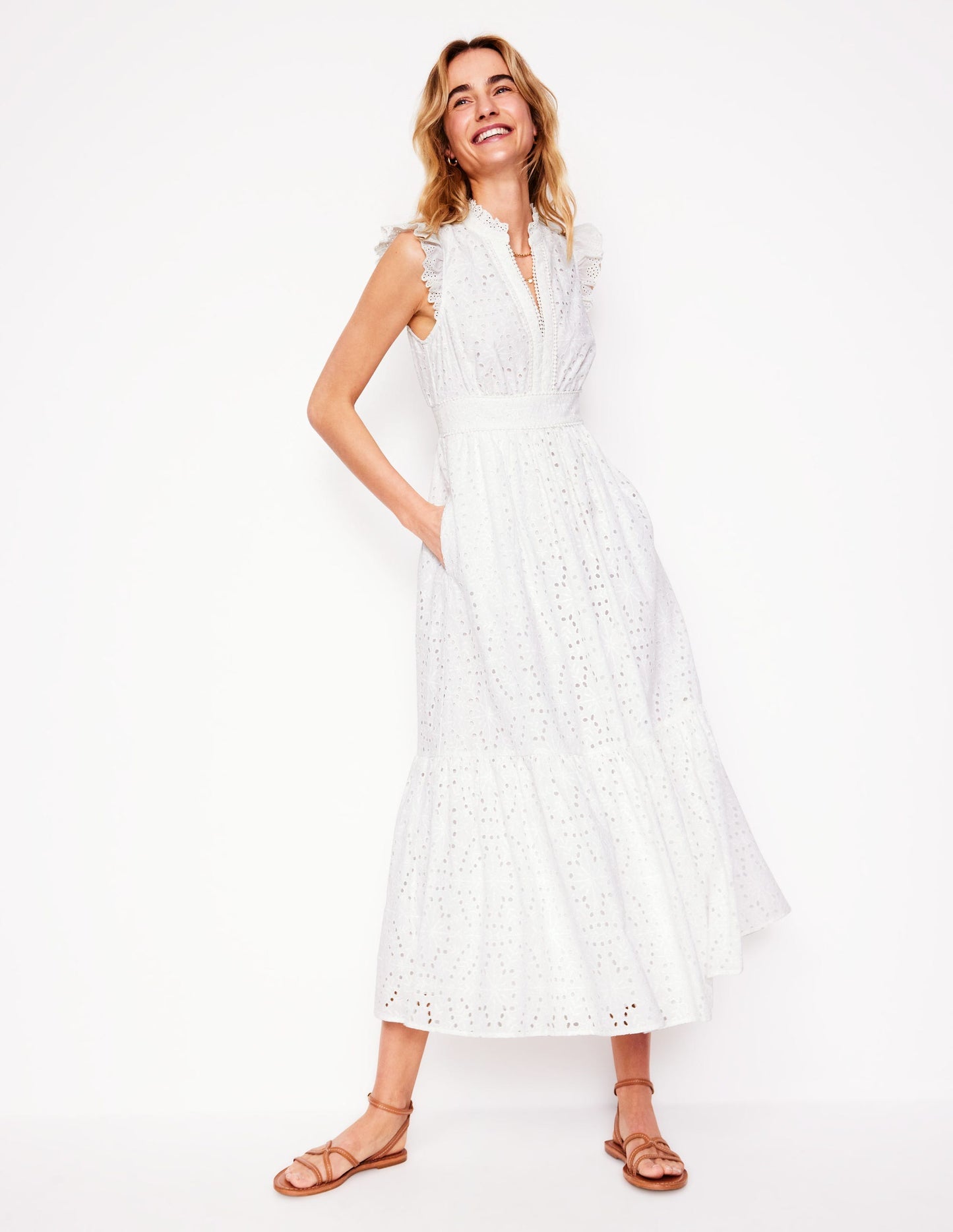 Boden Wren Broderie Midi Dress - Ivory, Broderie