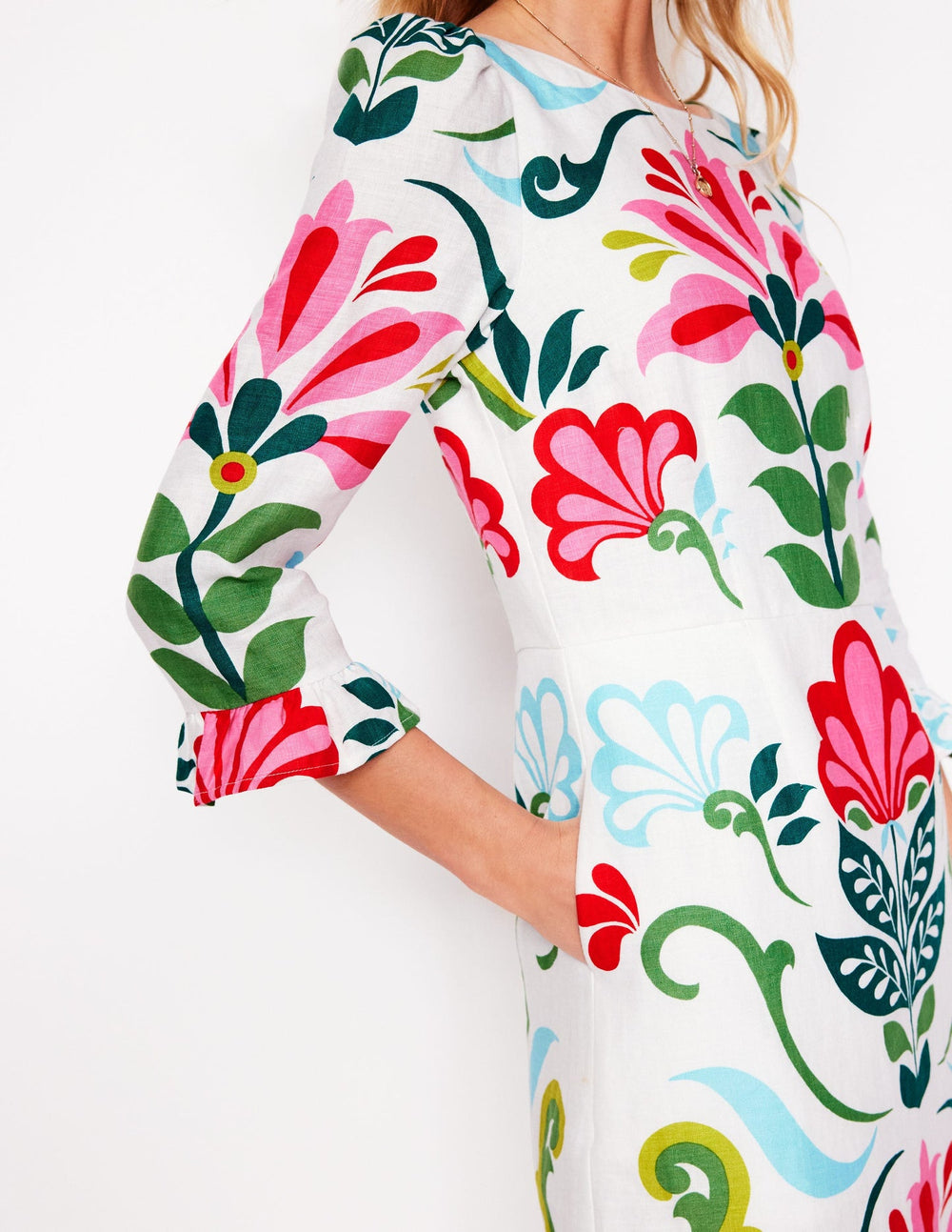 Boden Linen Flute Sleeve Dress - Ivory, Decorative Stems