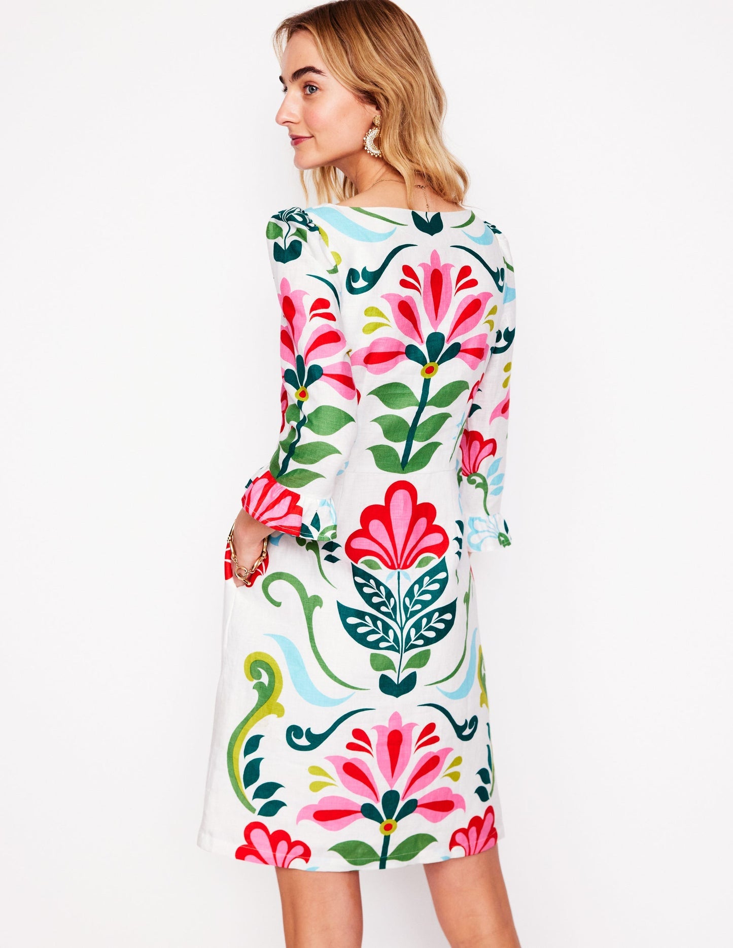 Boden Linen Flute Sleeve Dress - Ivory, Decorative Stems