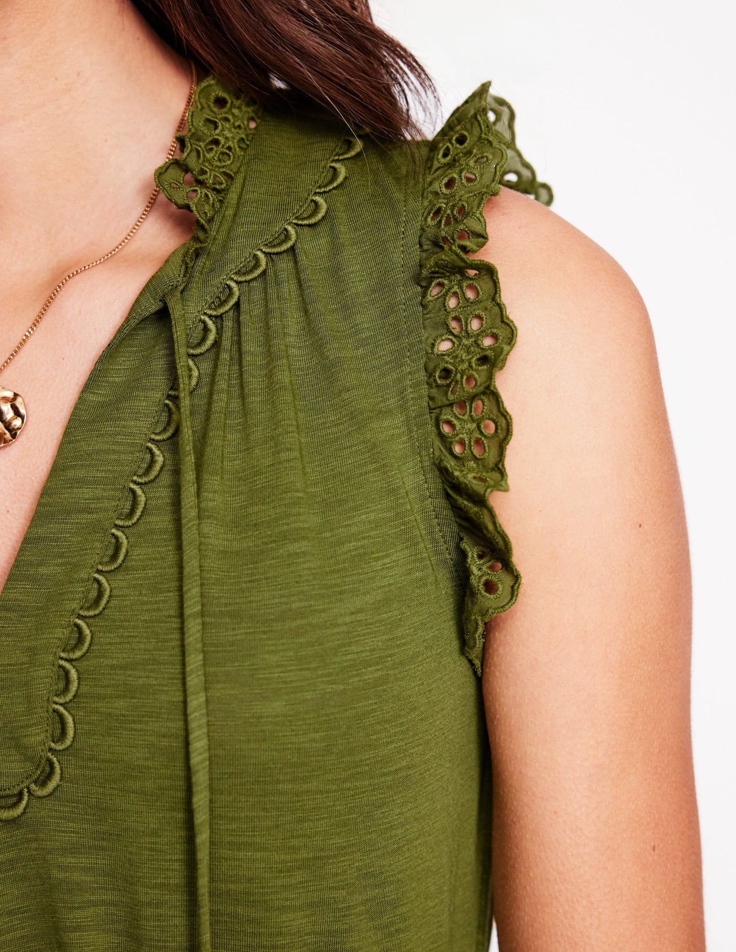 Boden Aria Broderie Trim Midi Dress - Deep Olive