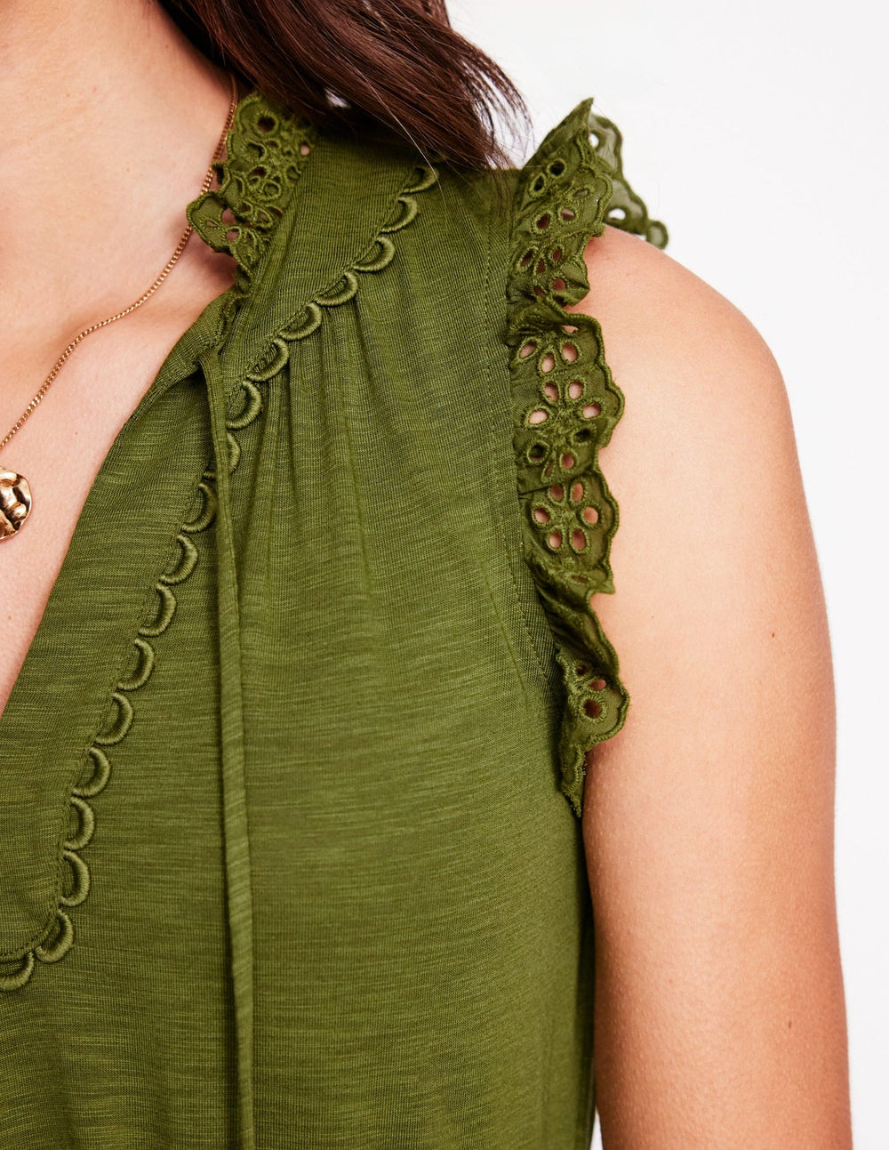 Boden Aria Broderie Trim Midi Dress - Deep Olive