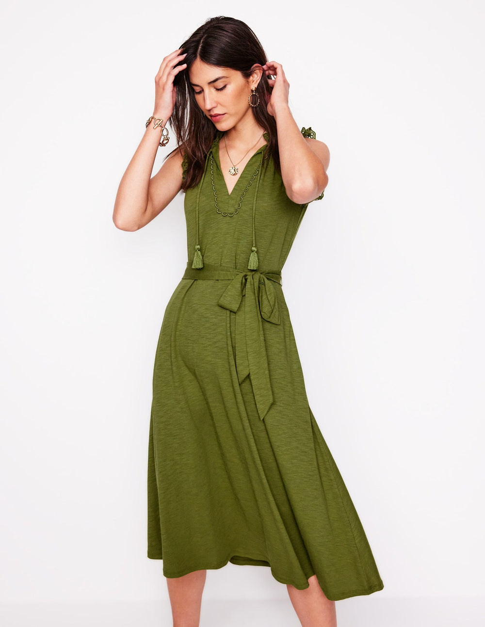 Boden Aria Broderie Trim Midi Dress - Deep Olive