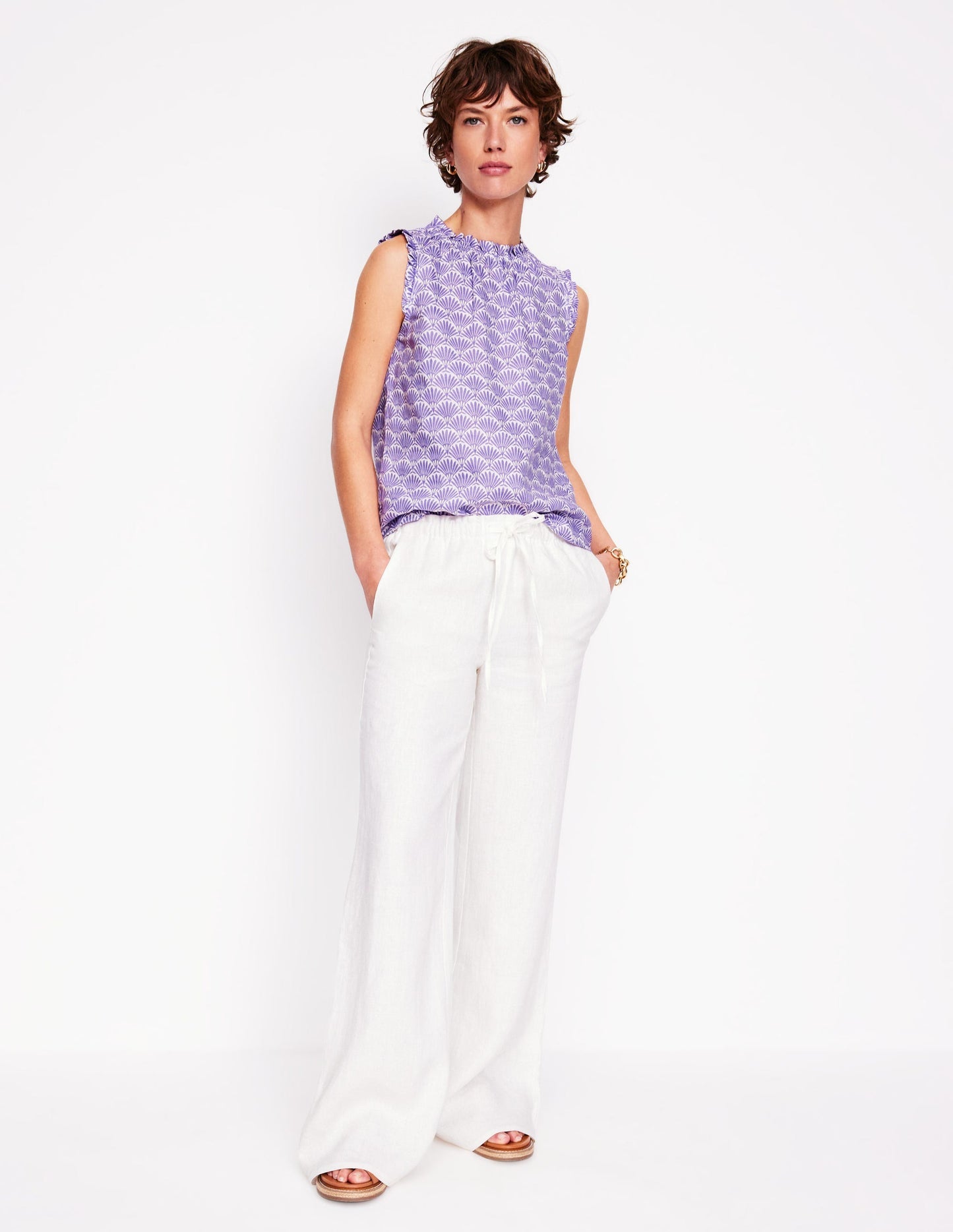 Boden Sophie Ruffle Linen Top - Purple, Deco Palm