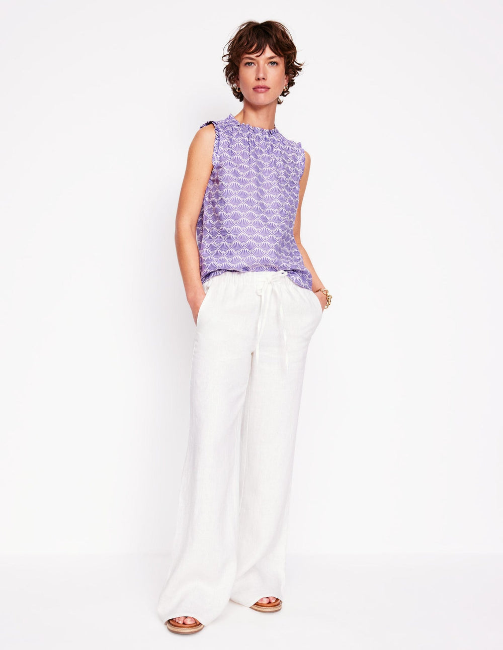Boden Sophie Ruffle Linen Top - Purple, Deco Palm