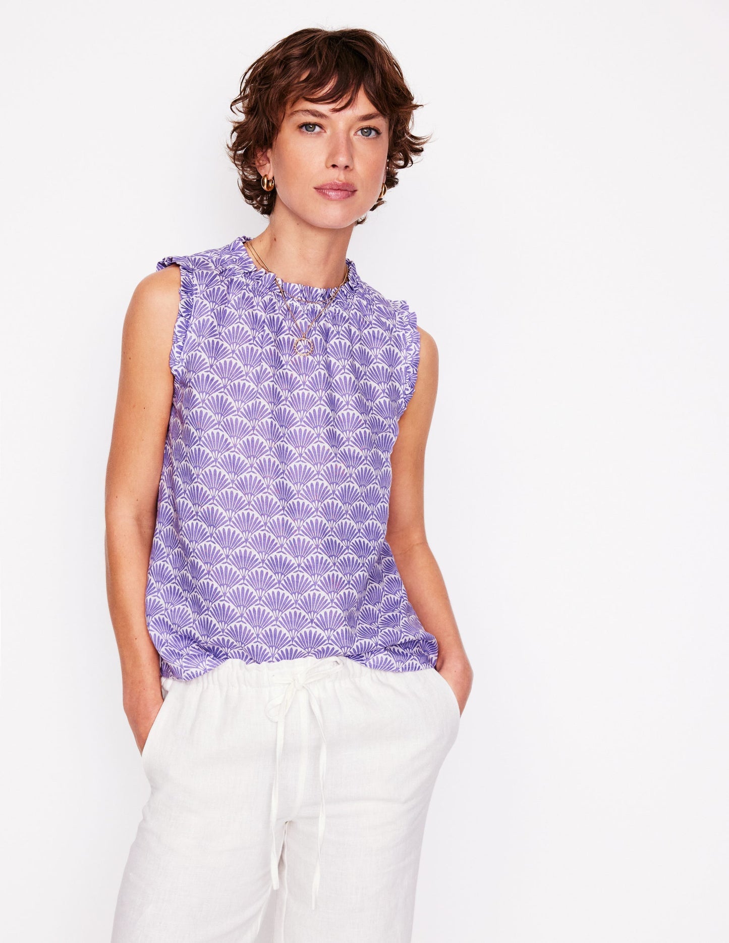 Boden Sophie Ruffle Linen Top - Purple, Deco Palm