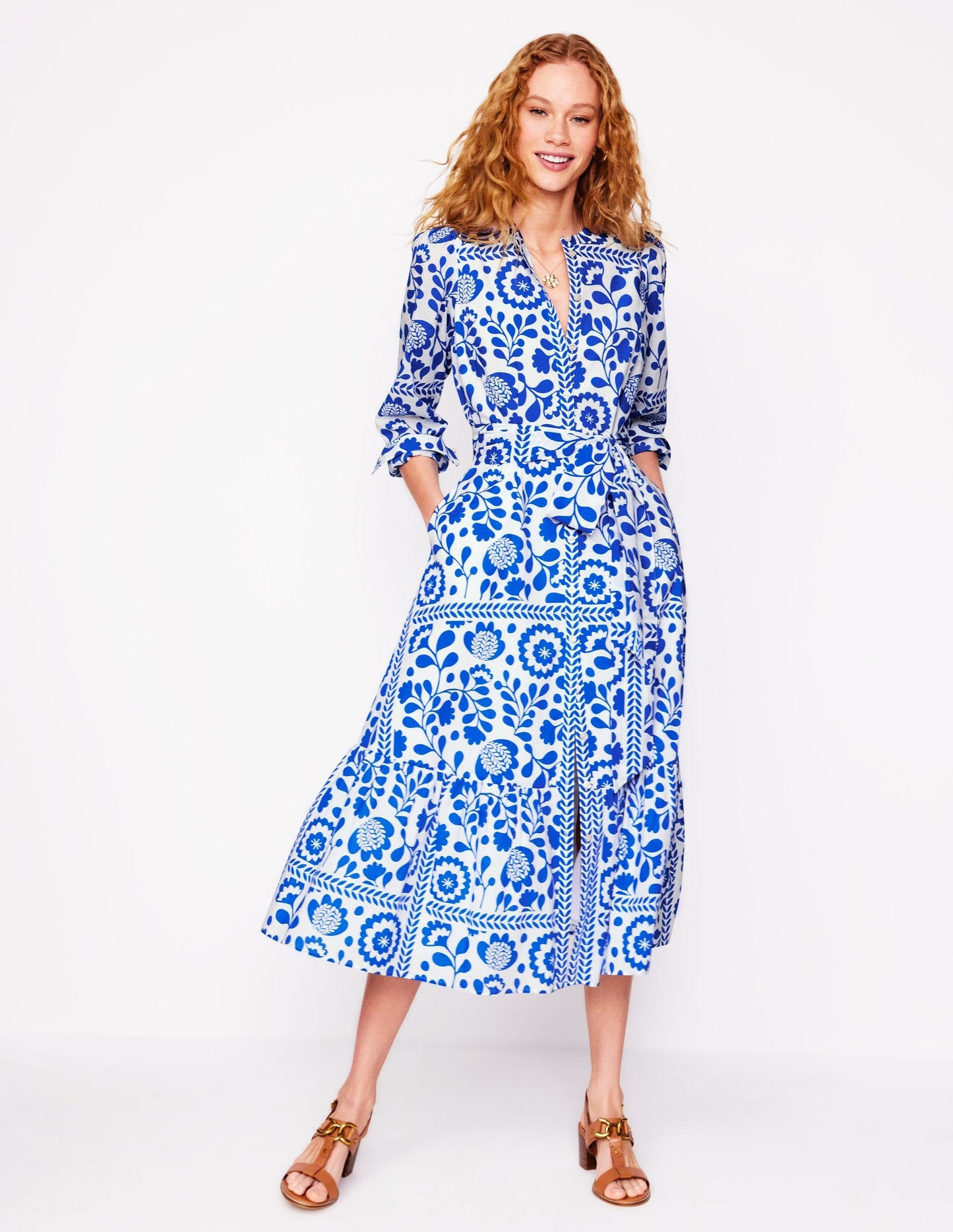 Boden Mia Tiered Shirt Dress - Gallery Blue, Vine Tile