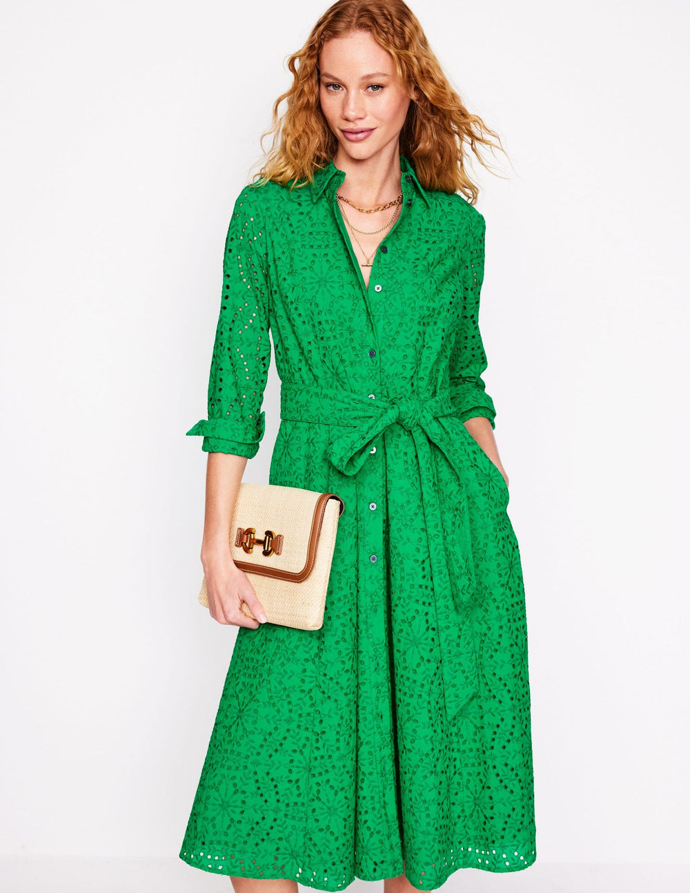 Boden Amy Broderie Midi Shirt Dress - Rich Emerald