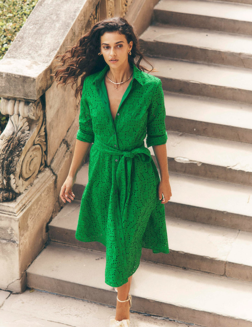 Boden Amy Broderie Midi Shirt Dress - Rich Emerald