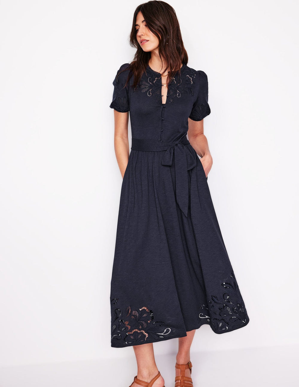 Boden Cutwork Detail Midi Dress - Navy