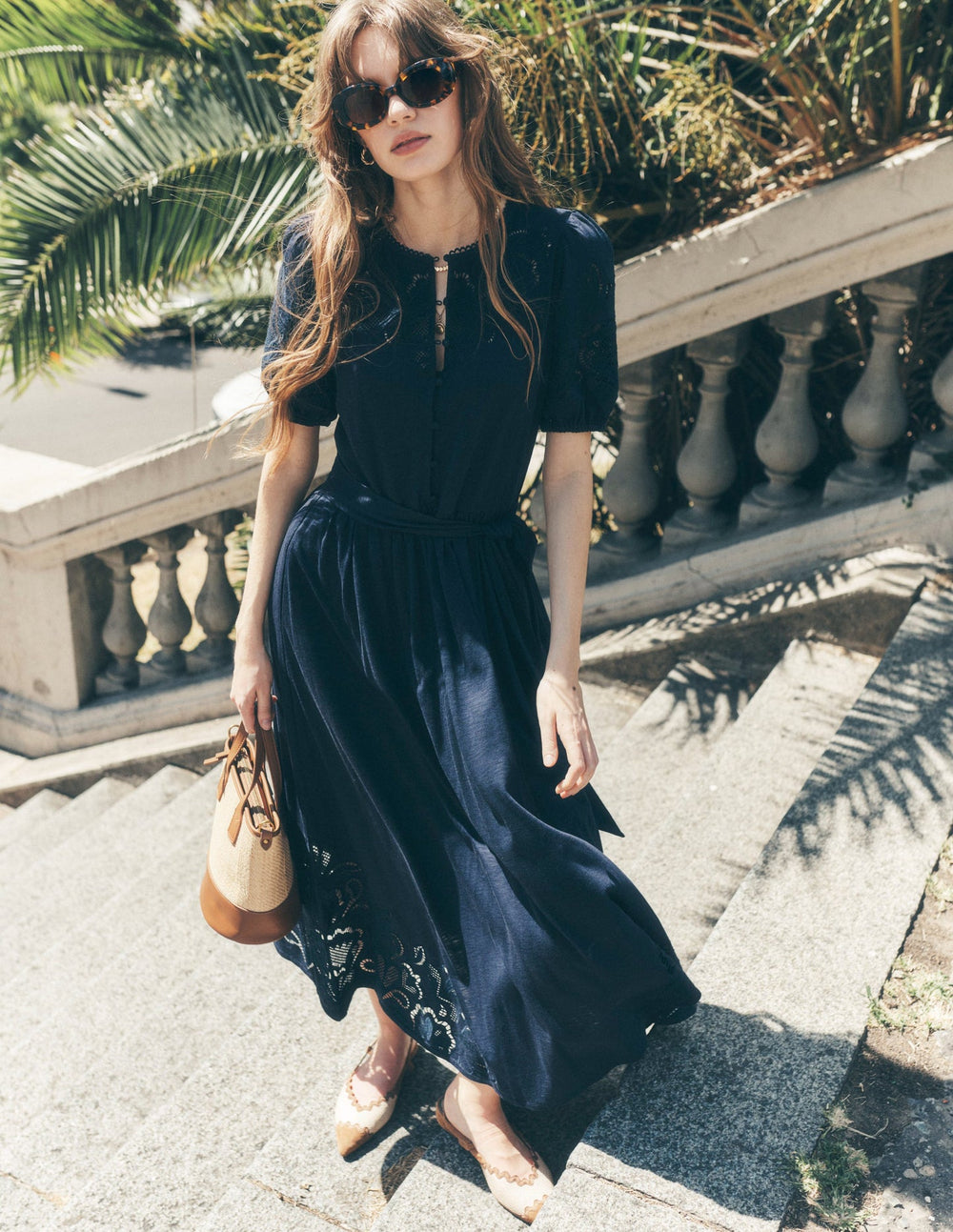 Boden Cutwork Detail Midi Dress - Navy