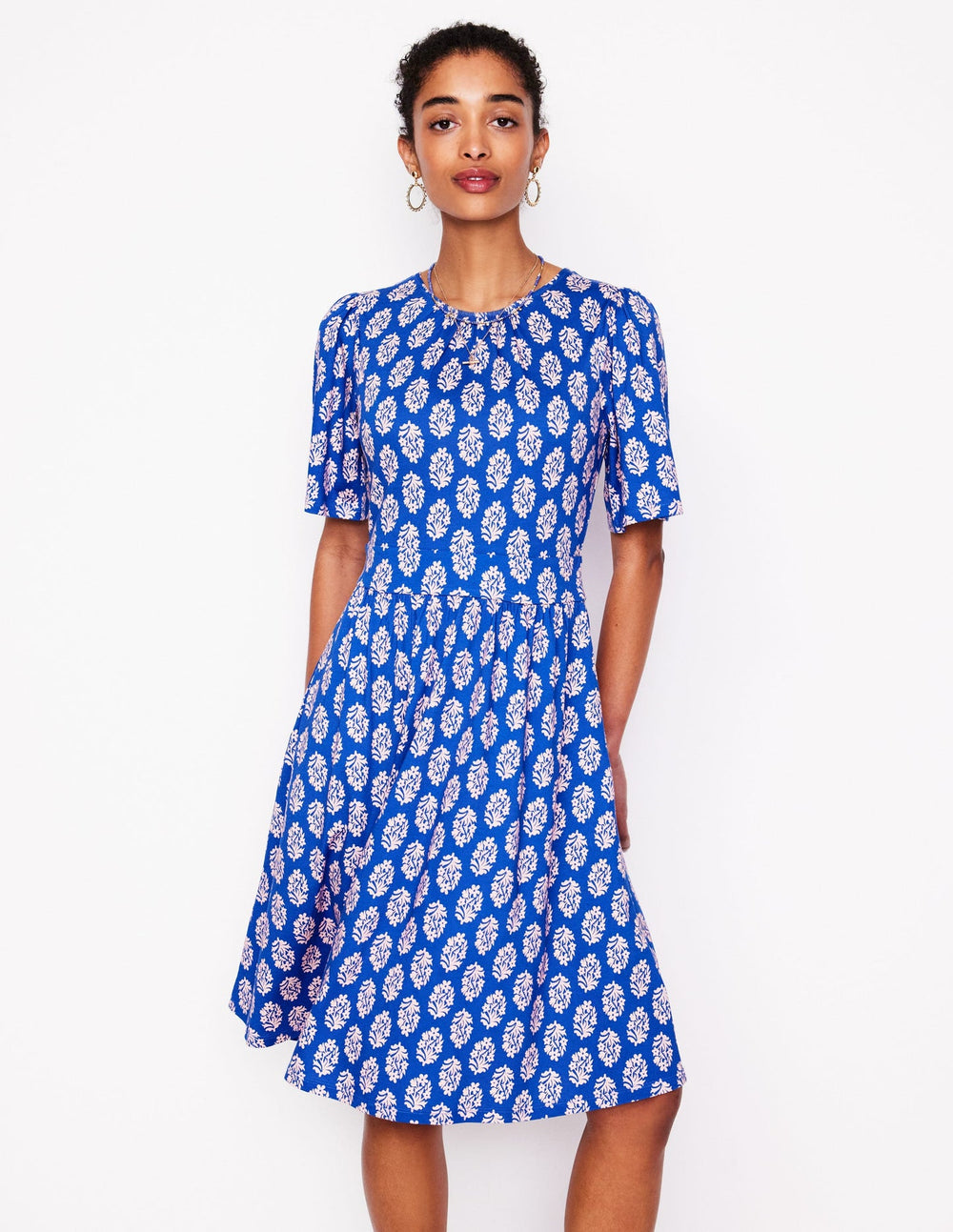Boden Louisa Short Jersey Dress - Gallery Blue, Posy Stamp