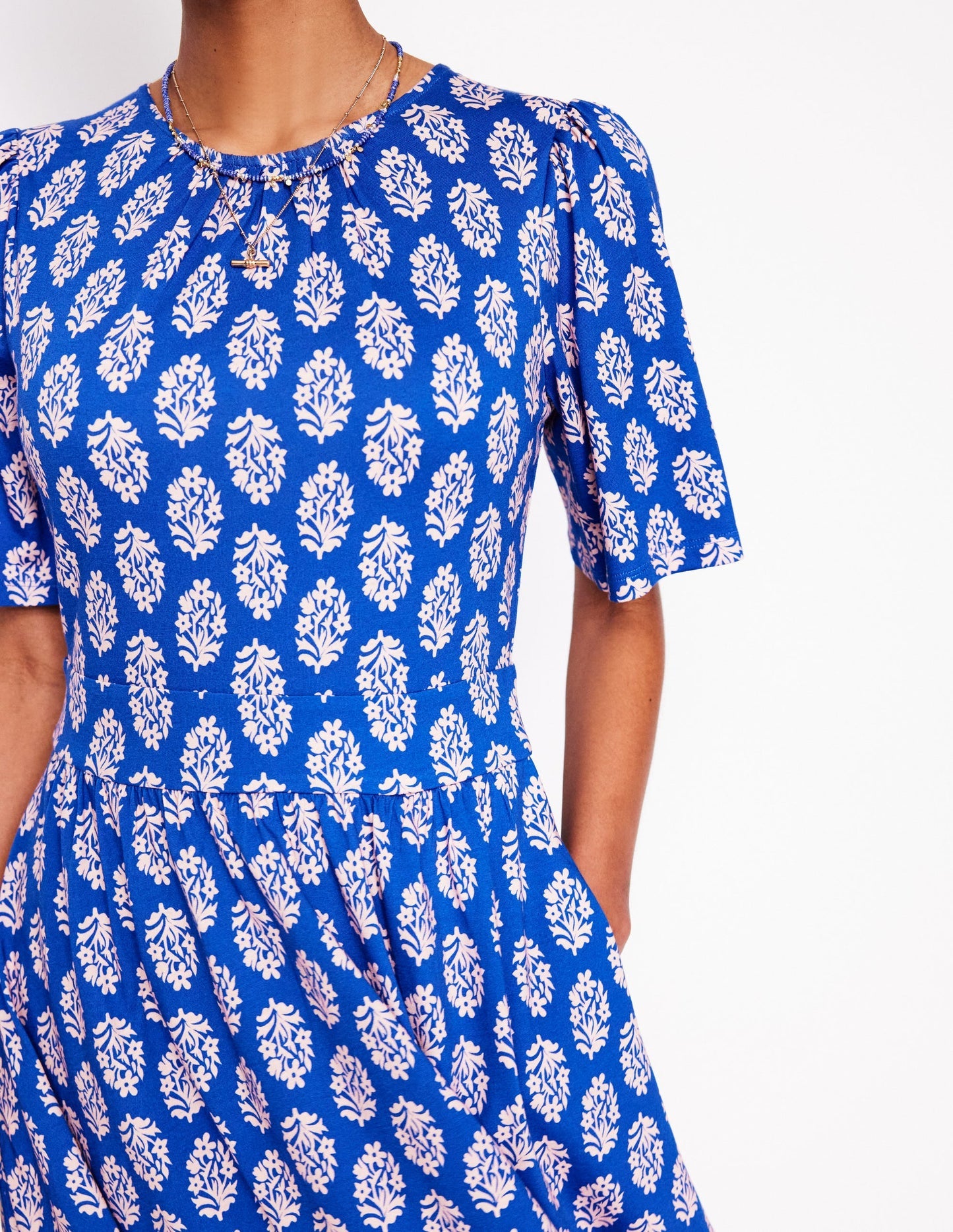 Boden Louisa Short Jersey Dress - Gallery Blue, Posy Stamp