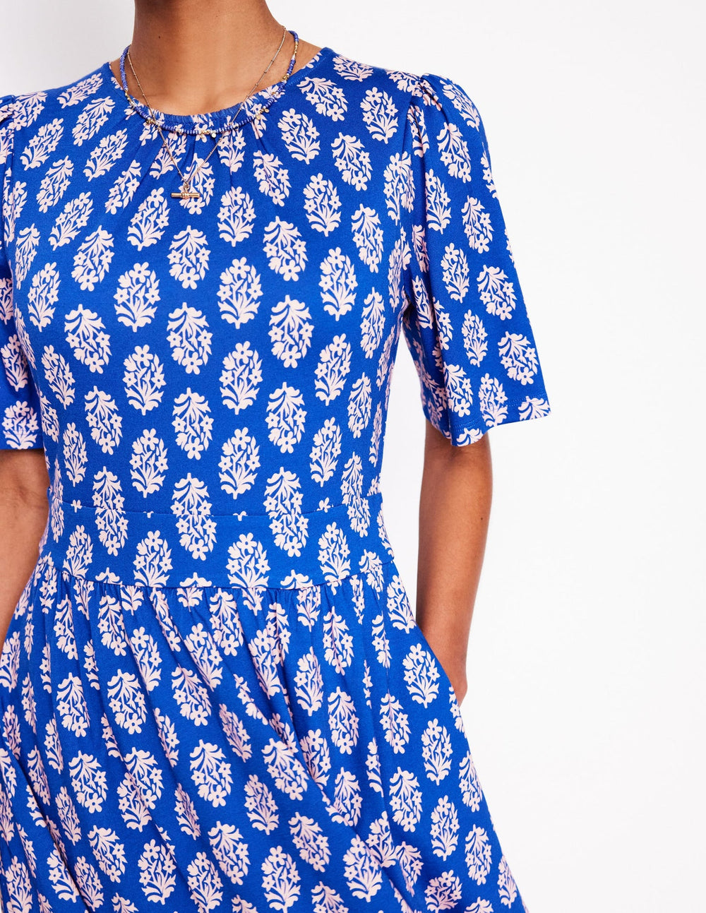 Boden Louisa Short Jersey Dress - Gallery Blue, Posy Stamp