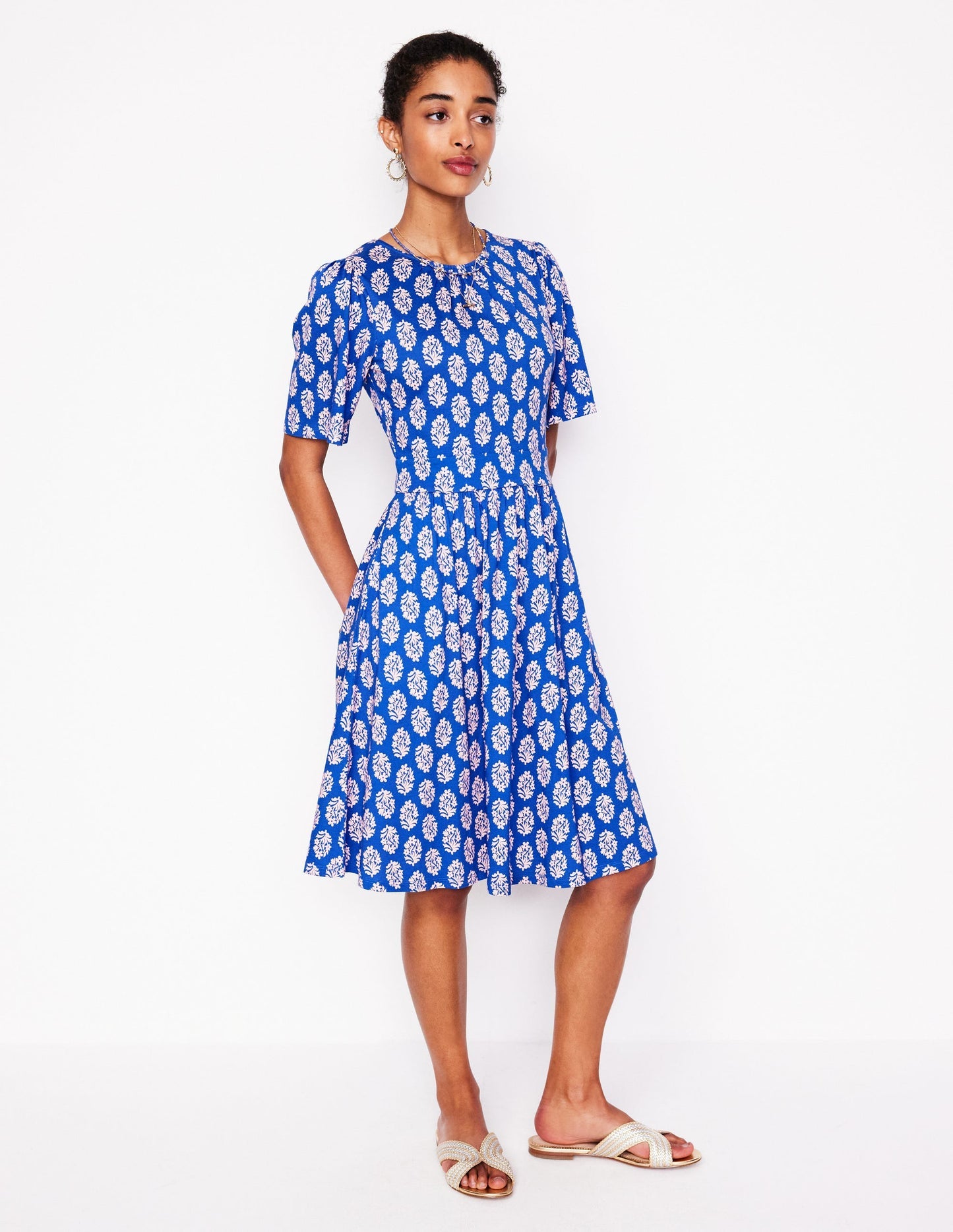 Boden Louisa Short Jersey Dress - Gallery Blue, Posy Stamp