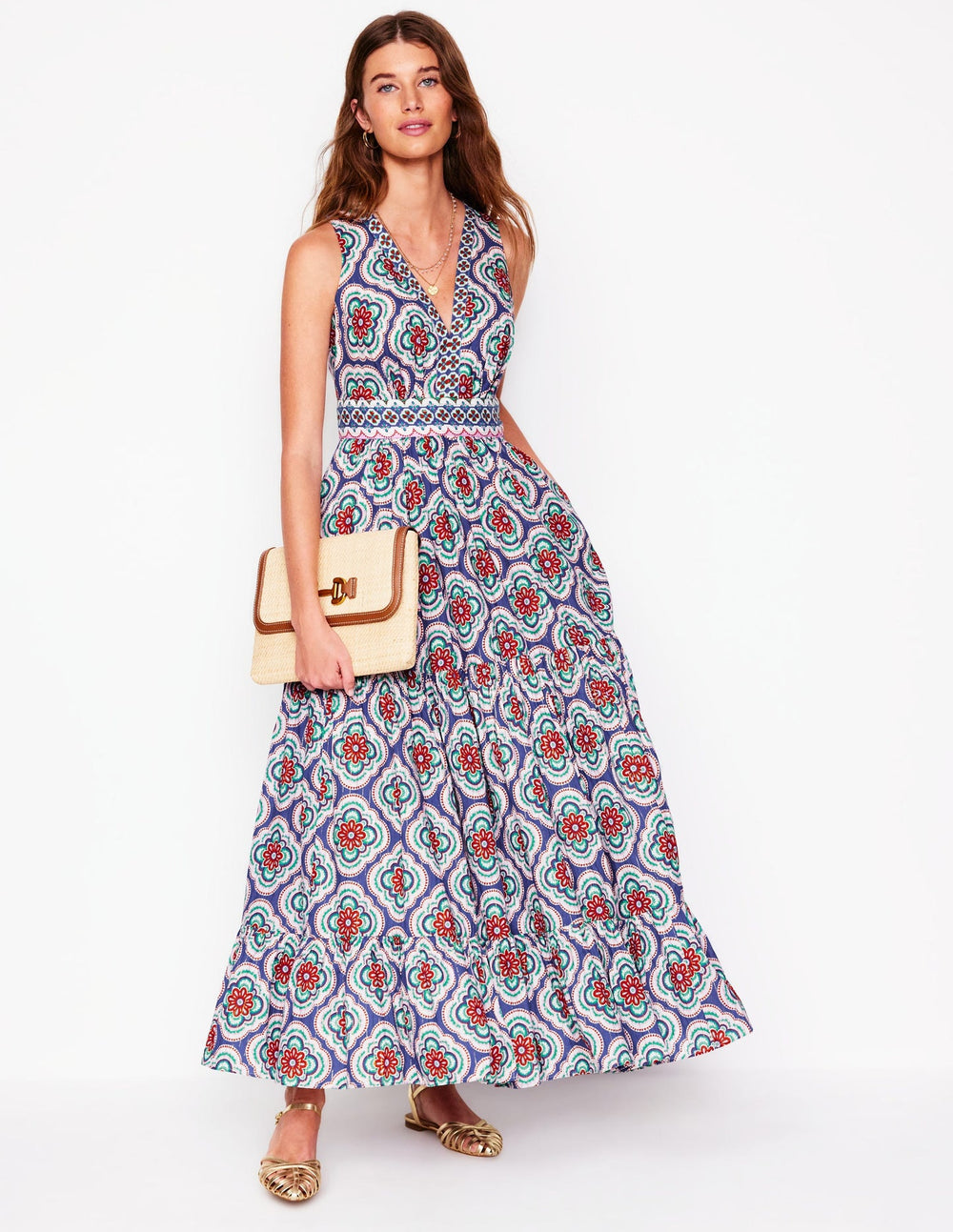 Boden Serena Cotton Tie Maxi Dress - Bright Blue, Botanic Blush