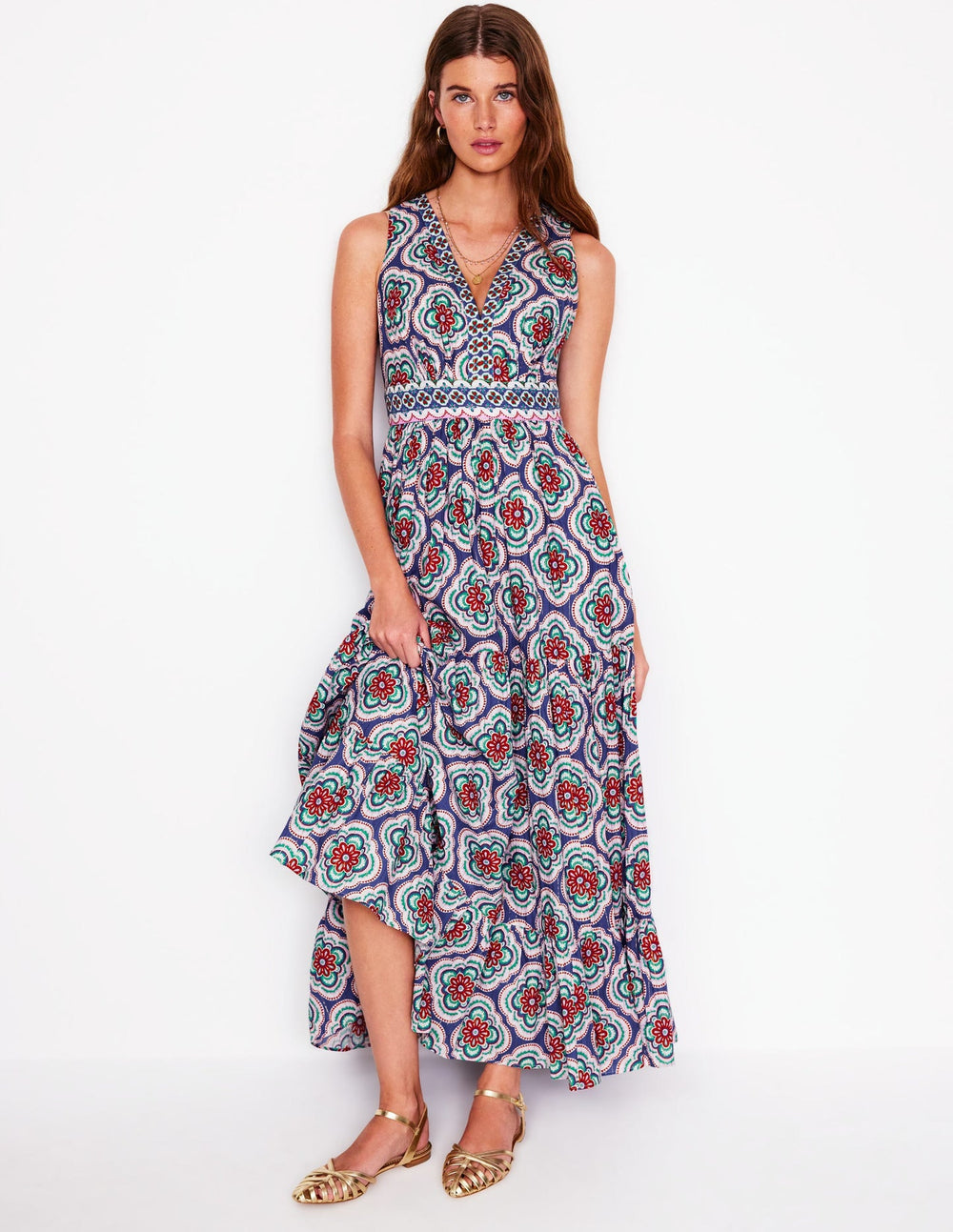 Boden Serena Cotton Tie Maxi Dress - Bright Blue, Botanic Blush