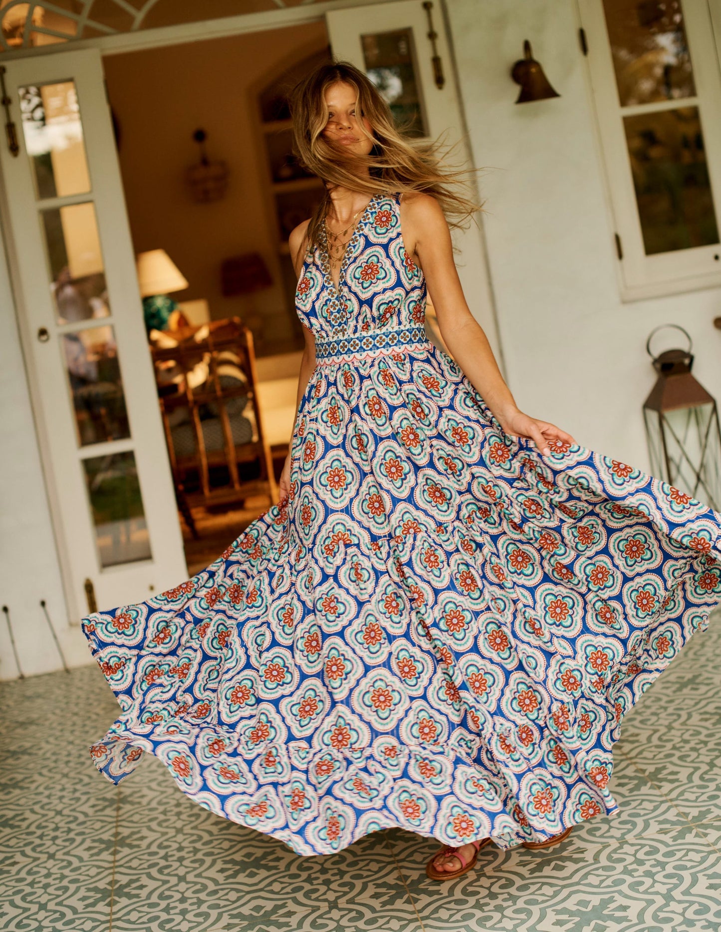 Boden Serena Cotton Tie Maxi Dress - Bright Blue, Botanic Blush