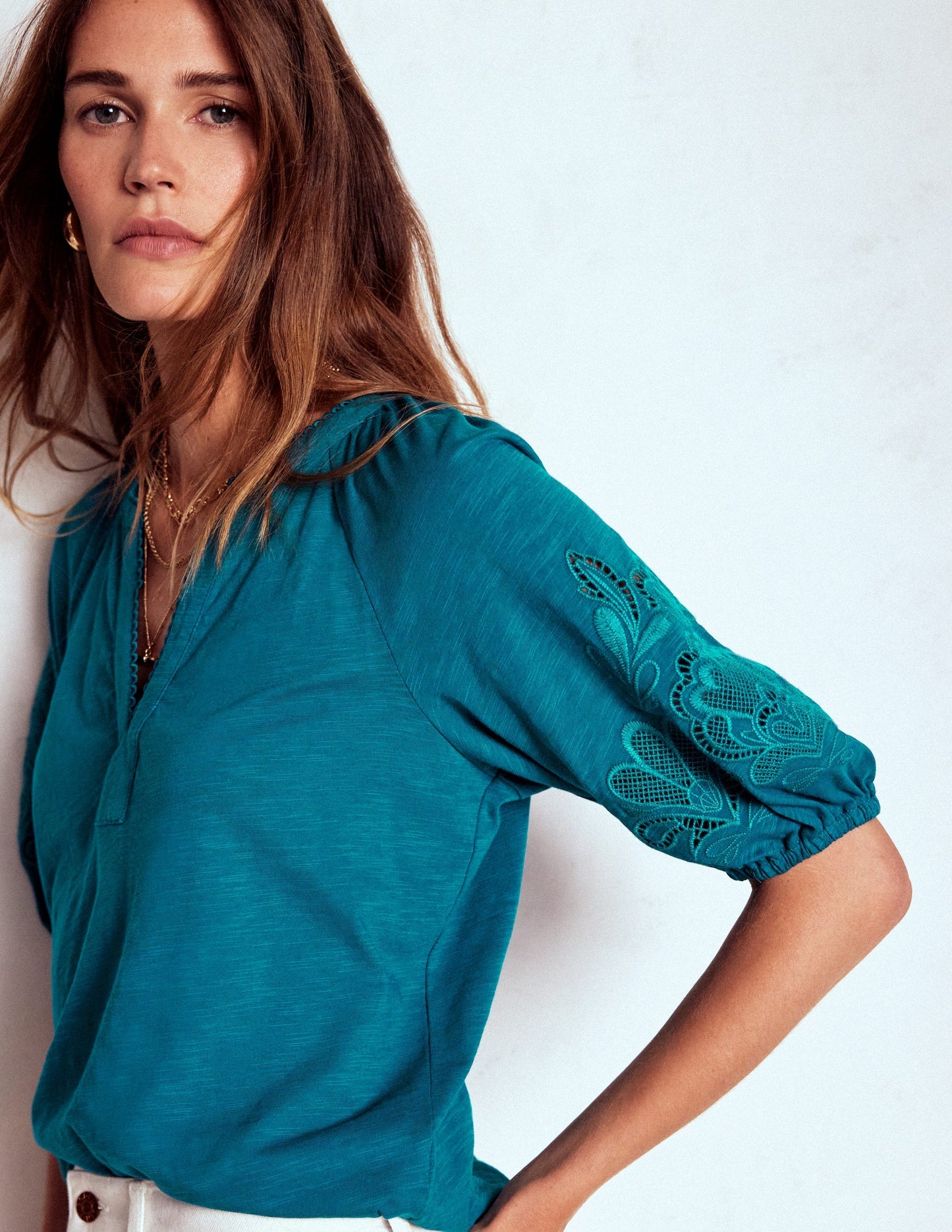Boden Cutwork Notch Neck Top - Deep Sea Green