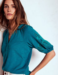 Boden Cutwork Notch Neck Top - Deep Sea Green