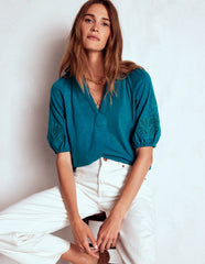 Boden Cutwork Notch Neck Top - Deep Sea Green