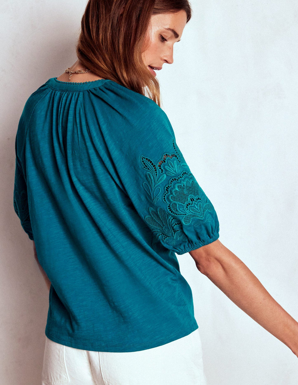 Boden Cutwork Notch Neck Top - Deep Sea Green