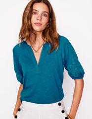 Boden Cutwork Notch Neck Top - Deep Sea Green