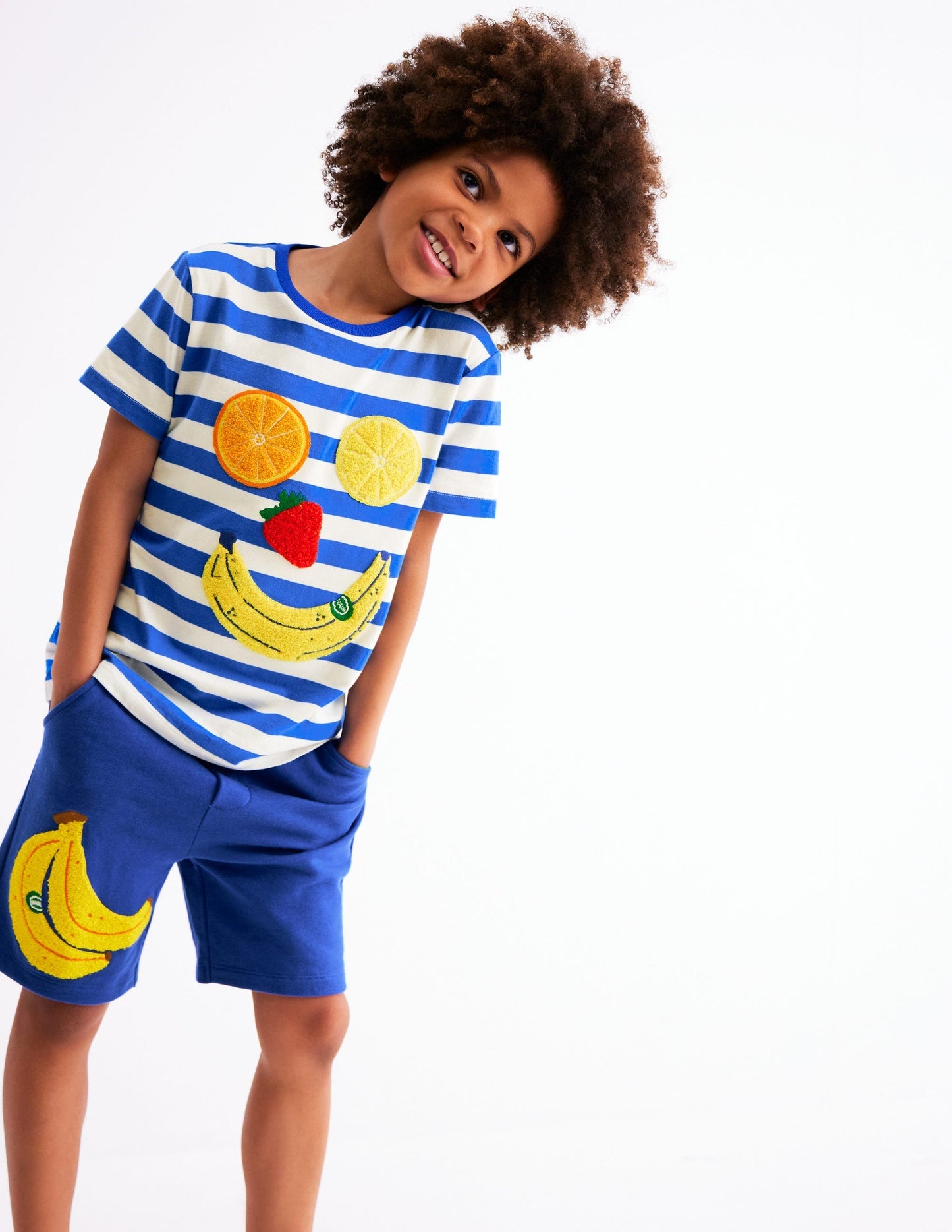 Boden Short Sleeve Bouclé T-shirt - Gallery Blue/ Ivory Fruit Face