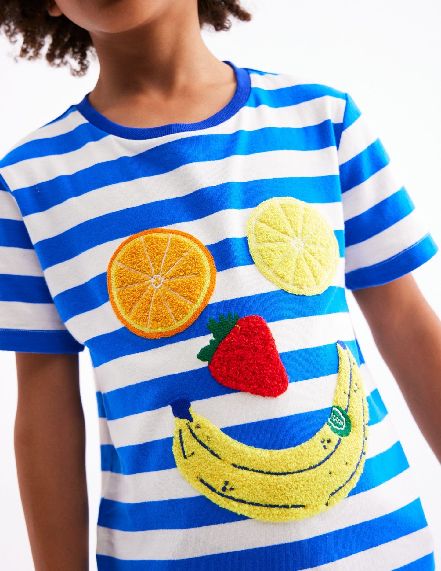 Boden Short Sleeve Bouclé T-shirt - Gallery Blue/ Ivory Fruit Face