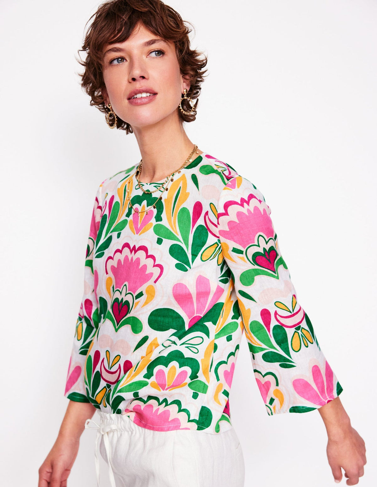 Boden Fluted Sleeve Linen Top - Multi, Freesia Stamp