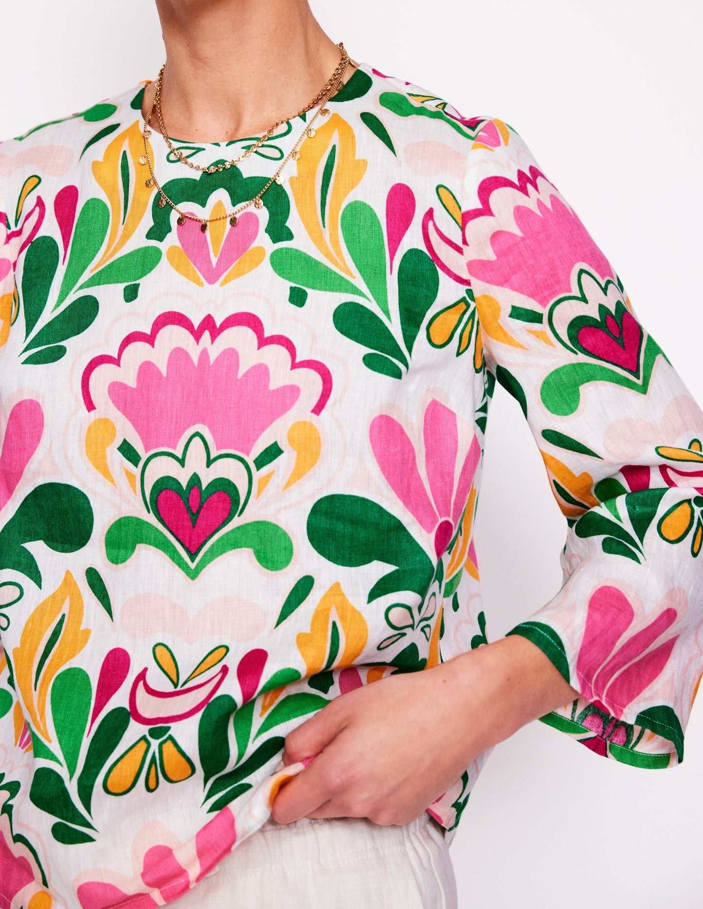 Boden Fluted Sleeve Linen Top - Multi, Freesia Stamp