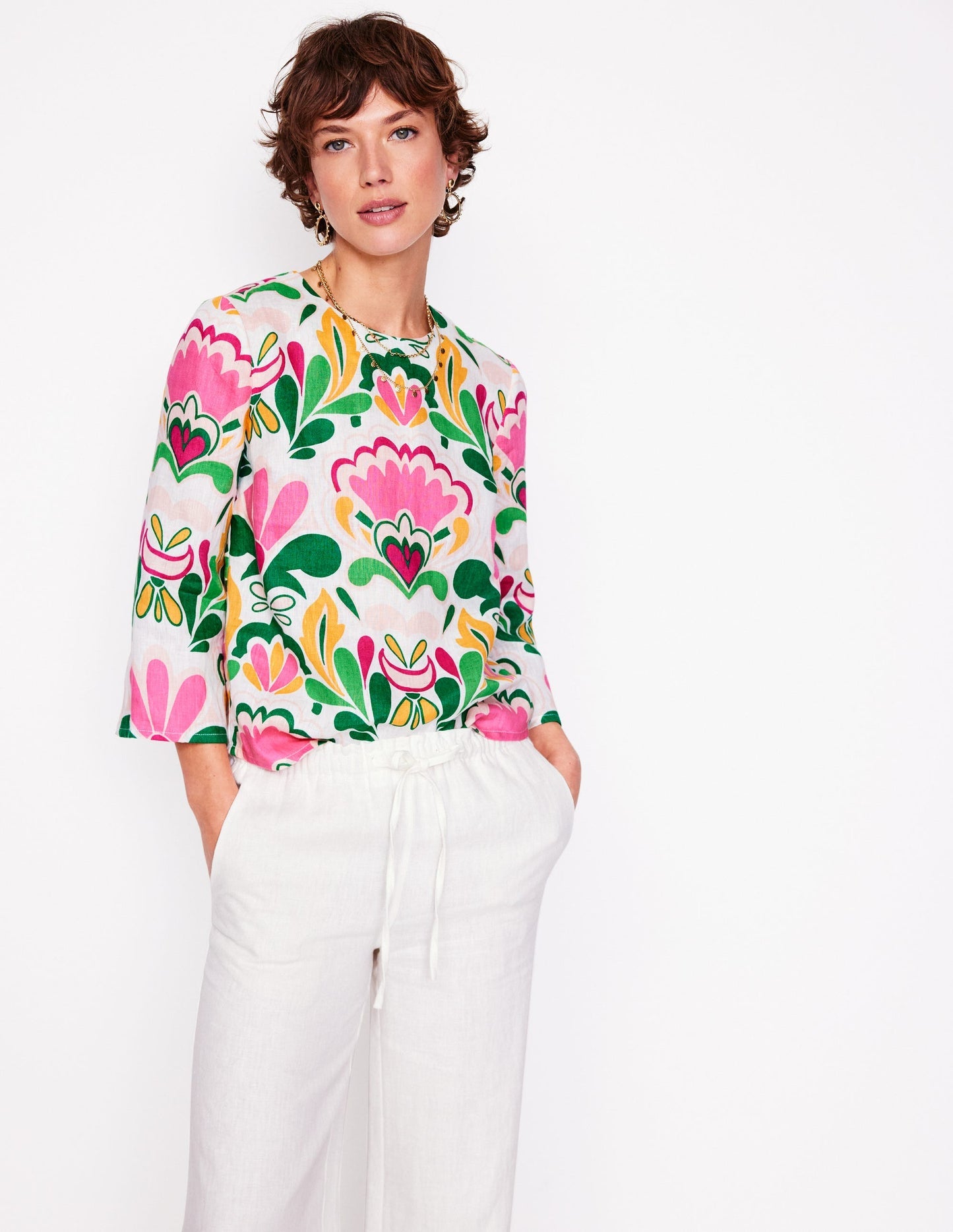 Boden Fluted Sleeve Linen Top - Multi, Freesia Stamp