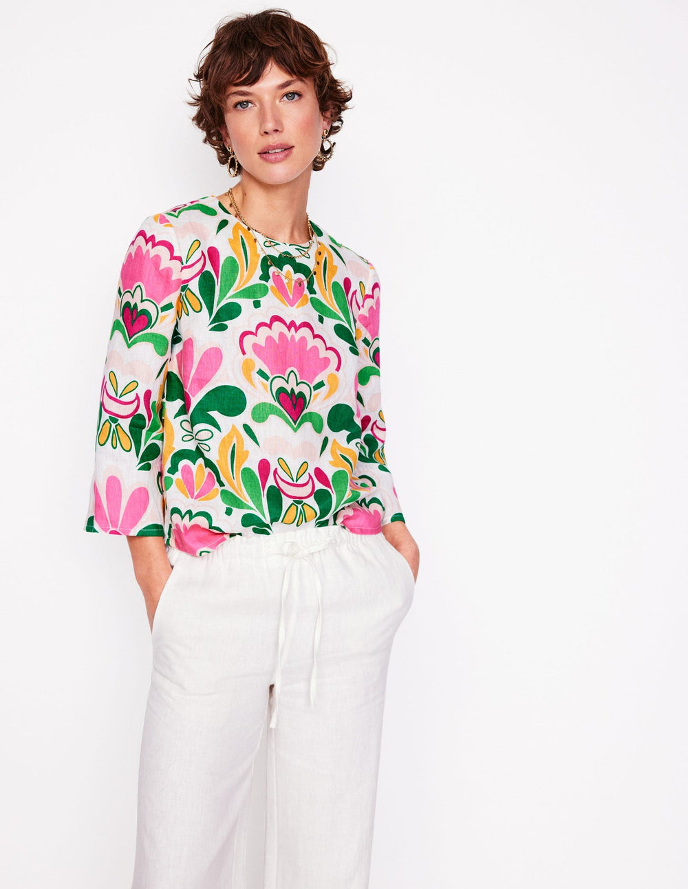 Boden Fluted Sleeve Linen Top - Multi, Freesia Stamp